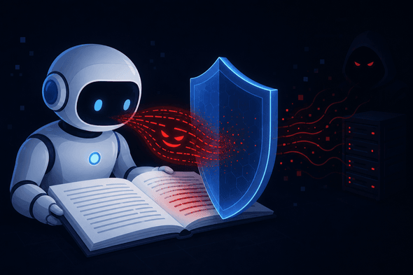 A malicious instruction hidden in a repo tries to whisper past an AI reviewer, and a guardrail blocks it